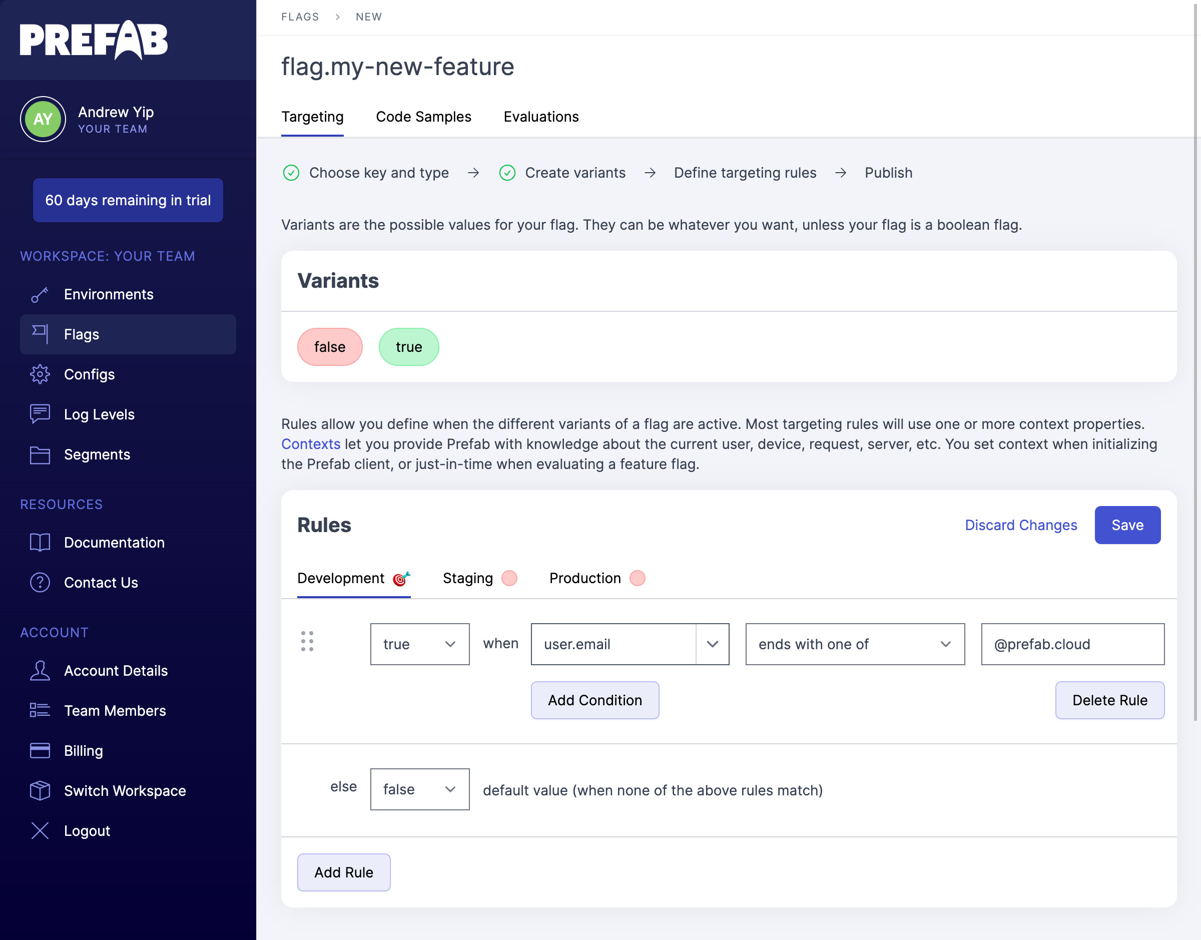 Prefab feature flag rule