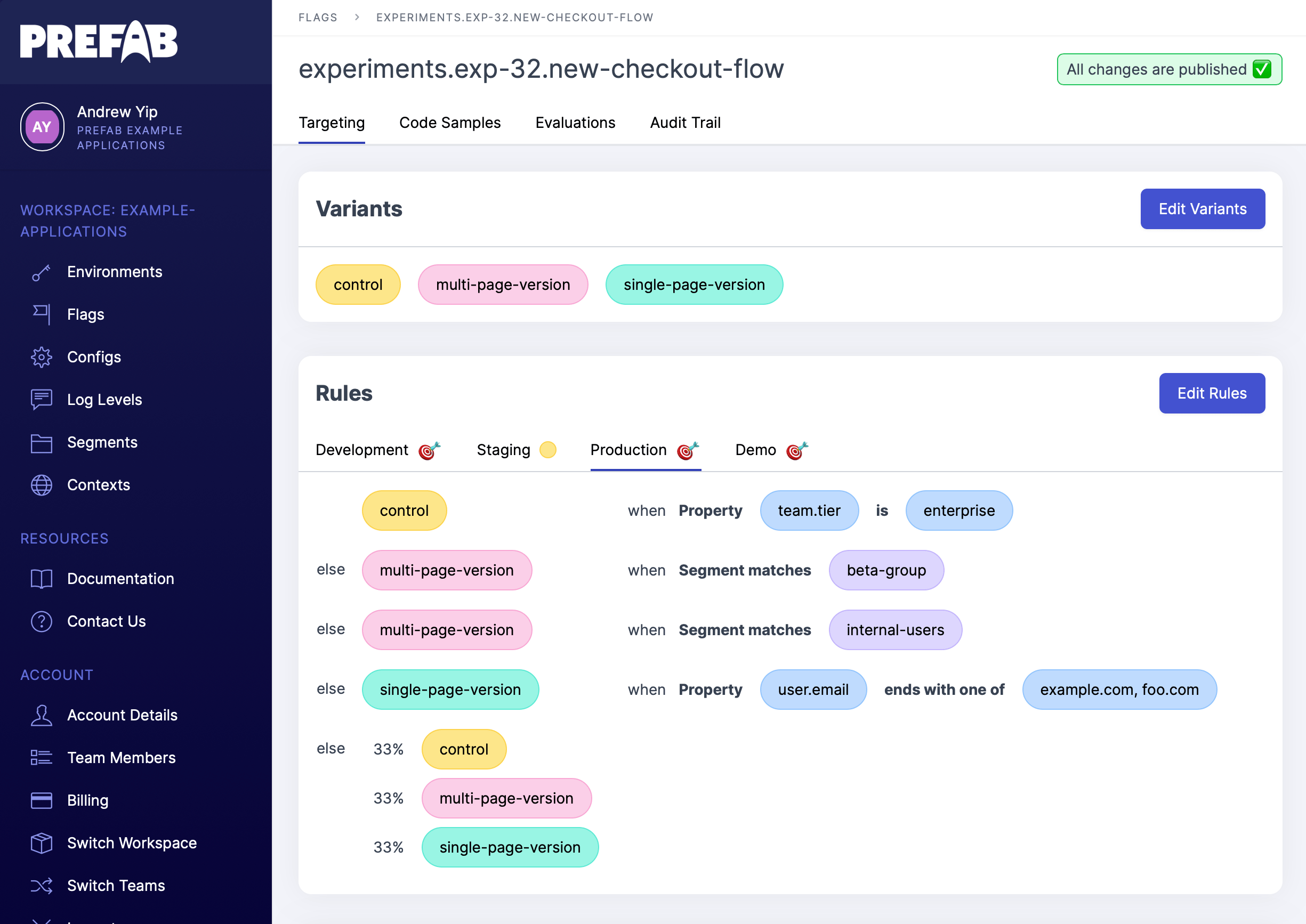 Prefab feature flags user interface